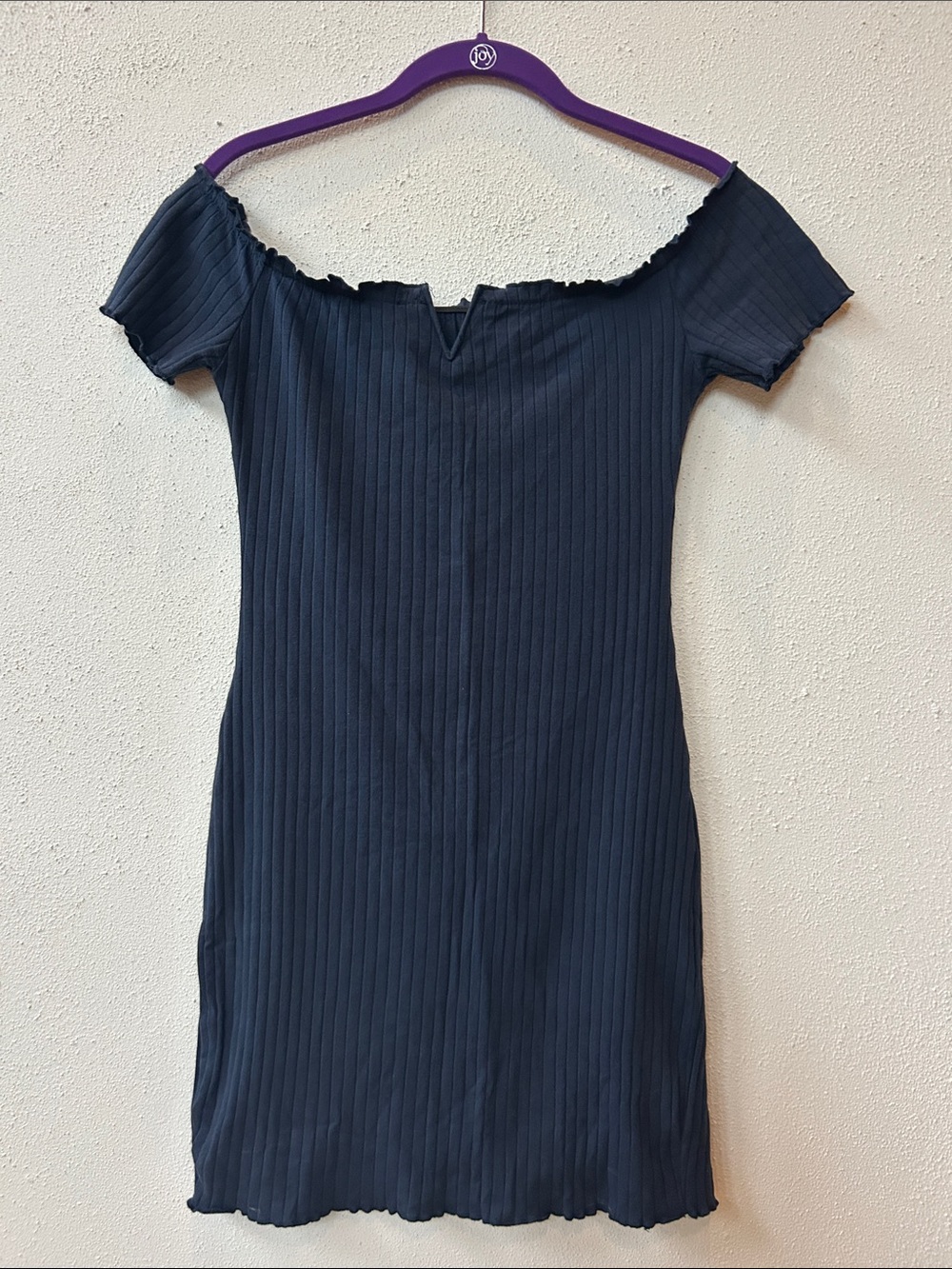 Off-Shoulder Ribbed Knit Mini Dress Navy